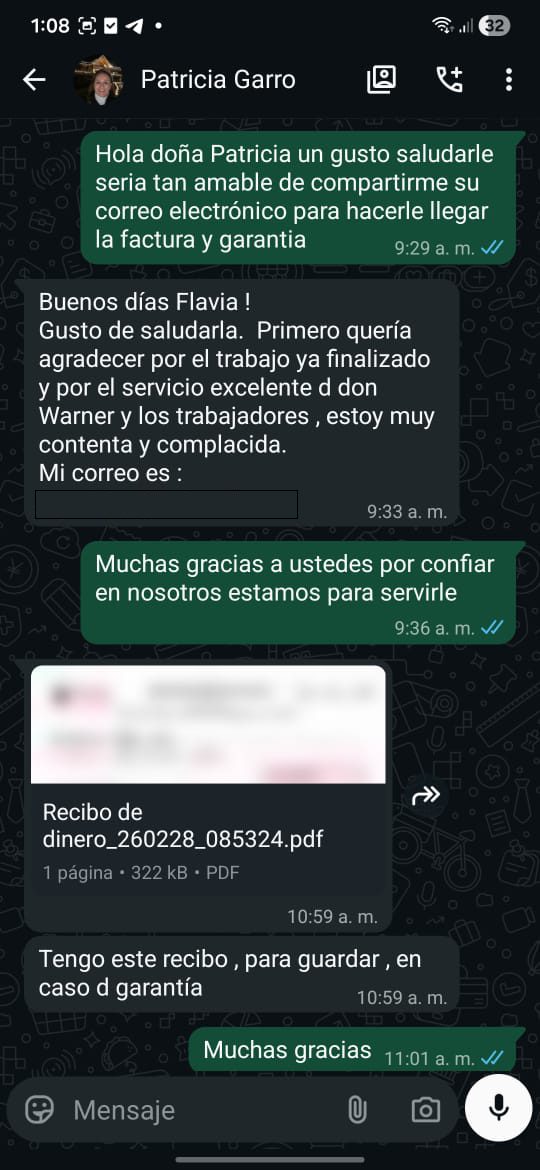 Conversación de WhatsApp con la clienta Patricia Garro agradeciendo el trabajo ya finalizado y el excelente servicio de don Warner y los trabajadores