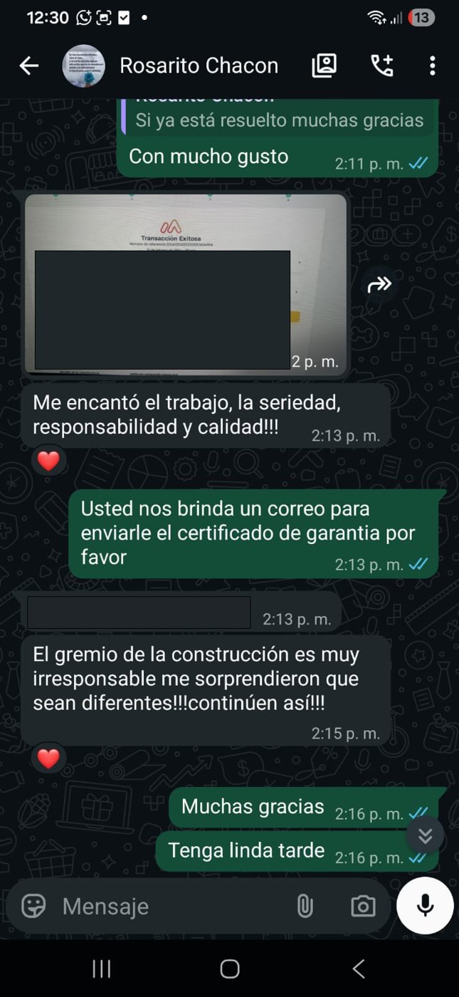 Conversación de WhatsApp con la clienta Rosarito Chacón: "Me encantó el trabajo, la seriedad, responsabilidad y calidad"